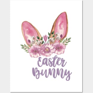 Easter Bunny - Watercolor Ears and Flowers Posters and Art